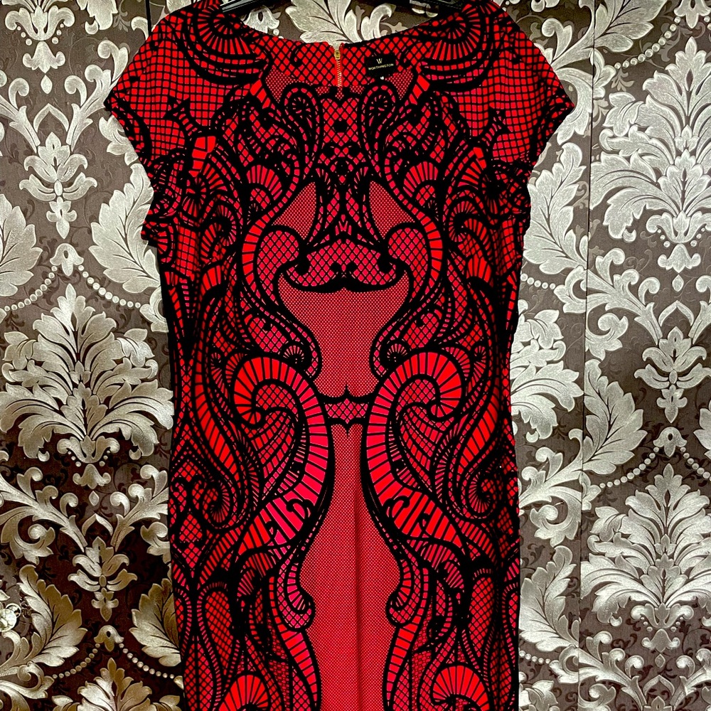 Red dress with black suede prints